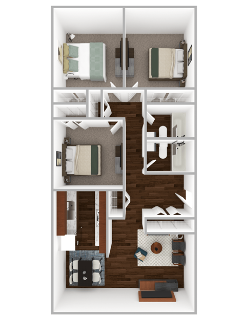 Floor plan for 3 beds, 2 baths, 1010 sqft